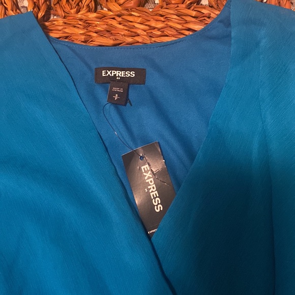 Express Size S - Blue Wrap Front Ruffle Sleeve Top - Picture 3 of 5